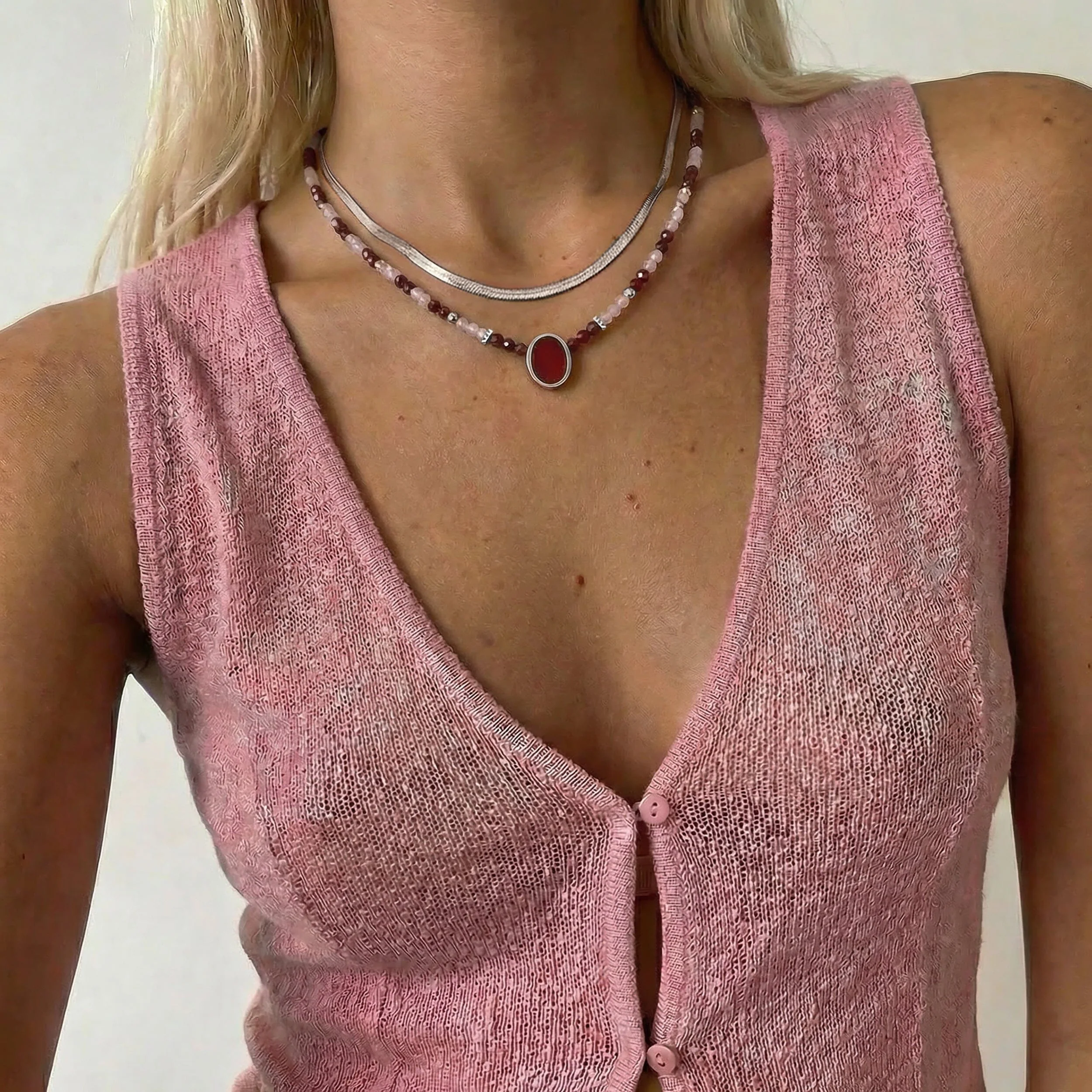 Pink Quartz & Rose Quartz & Garnet Beads Divina Necklace - Enfolded - Image 15