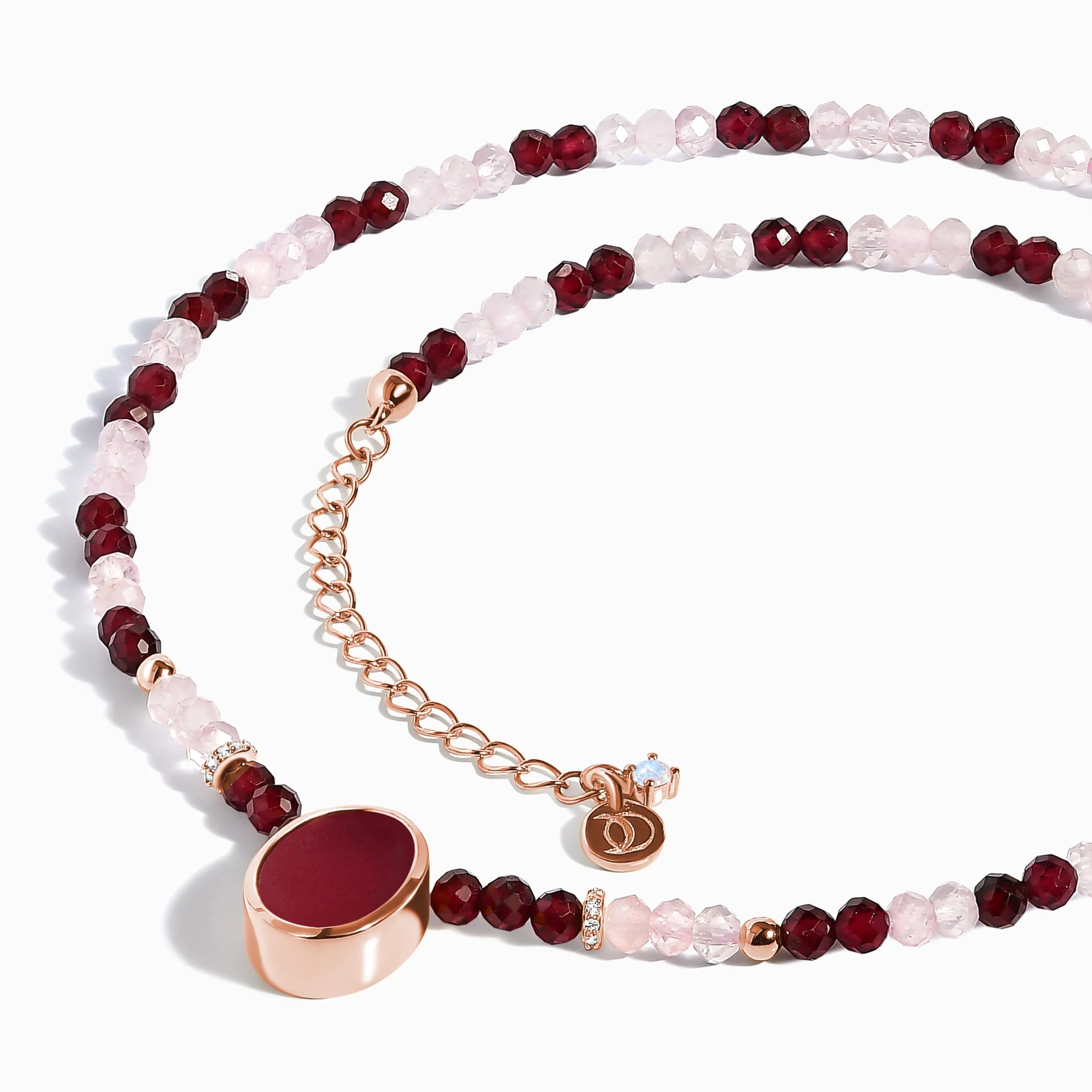 Pink Quartz & Rose Quartz & Garnet Beads Divina Necklace - Enfolded - Image 19